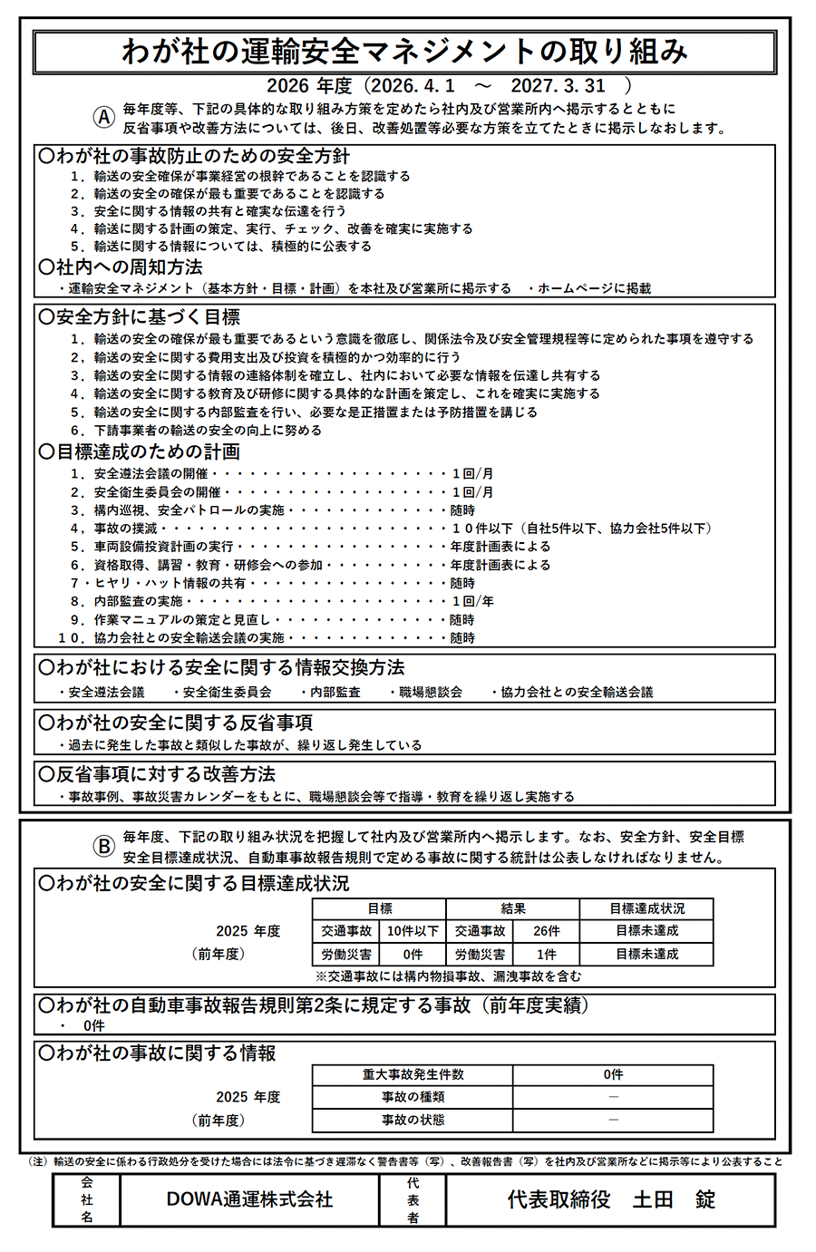わが社の運輸安全マネジメントの取り組み
